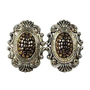 Vintage Ornate Silver & Gold-Tone Clip-On Earrings Women Classic Textured Design